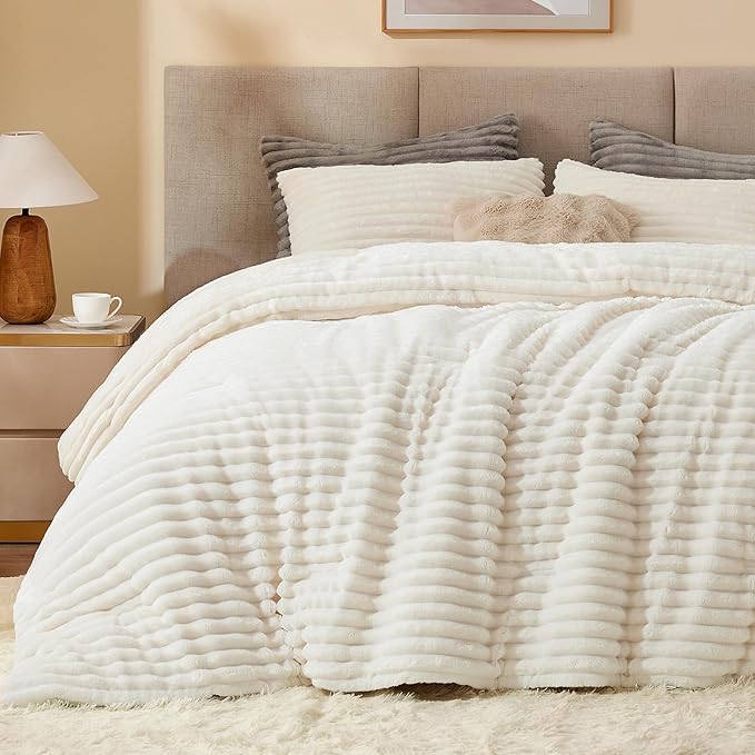 Fleece Queen Comforter Set – Super Soft Warm Fluffy Cream White Bedding with 2 Pillow Cases