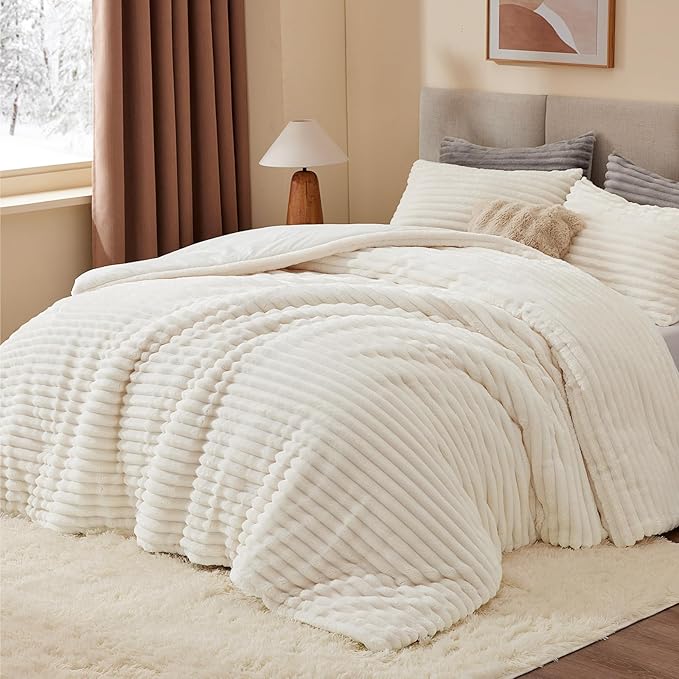 Fleece Queen Comforter Set – Super Soft Warm Fluffy Cream White Bedding with 2 Pillow Cases