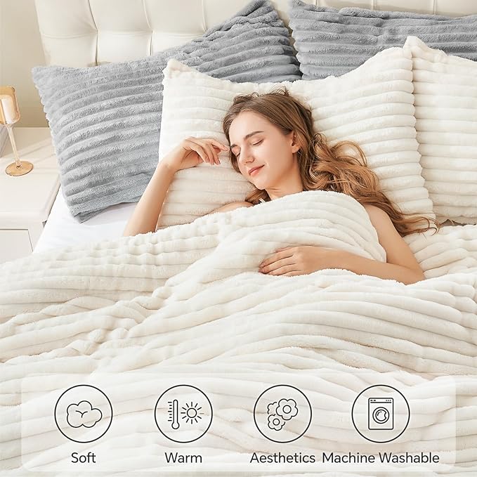 Fleece Queen Comforter Set – Super Soft Warm Fluffy Cream White Bedding with 2 Pillow Cases