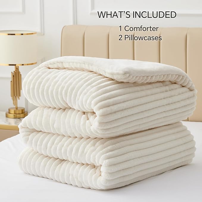 Fleece Queen Comforter Set – Super Soft Warm Fluffy Cream White Bedding with 2 Pillow Cases