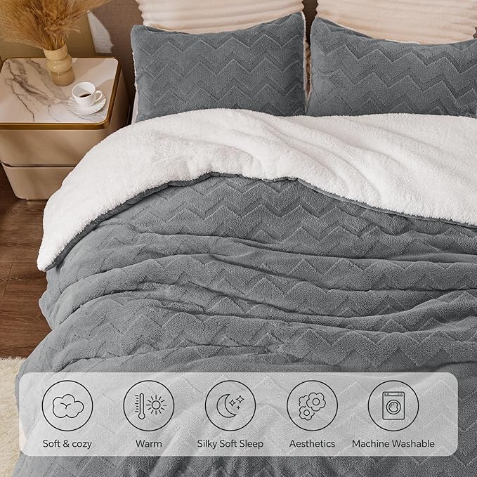 Fluffy Queen Comforter Set – Super Soft Sherpa Grey Bedding with 2 Pillowcases