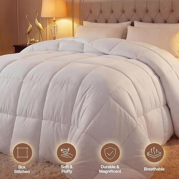Queen Comforter Duvet Insert – Quilted White, Box Stitched with Corner Tabs, 88 x 88 Inches