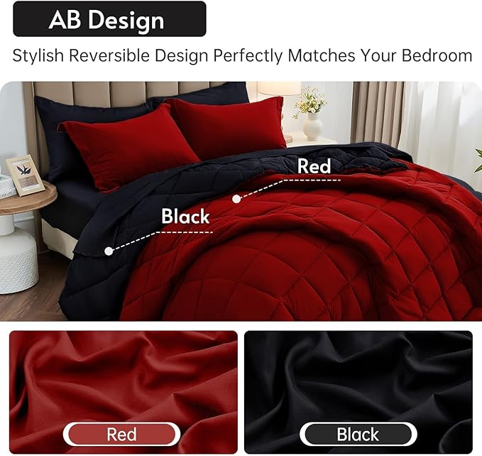 7-Piece Queen Comforter Set – Reversible Bed in a Bag, All Season Bedding, Red & Black