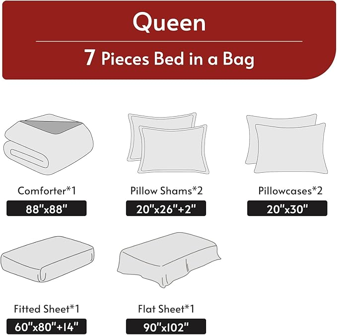 7-Piece Queen Comforter Set – Reversible Bed in a Bag, All Season Bedding, Red & Black
