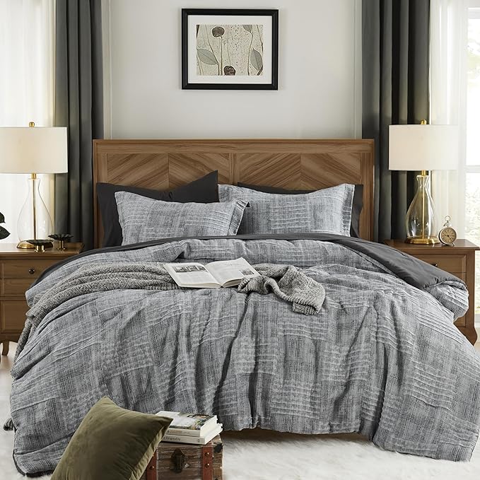 7-Piece Charcoal Grey Queen Comforter Set – Textured Crinkle Bed in a Bag, 90 x 90 Inches