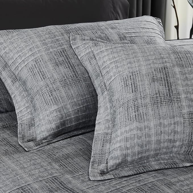 7-Piece Charcoal Grey Queen Comforter Set – Textured Crinkle Bed in a Bag, 90 x 90 Inches