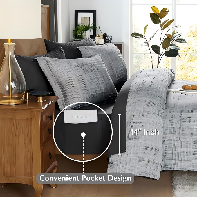7-Piece Charcoal Grey Queen Comforter Set – Textured Crinkle Bed in a Bag, 90 x 90 Inches