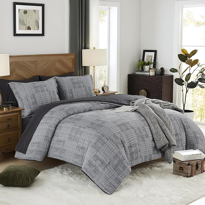 7-Piece Charcoal Grey Queen Comforter Set – Textured Crinkle Bed in a Bag, 90 x 90 Inches