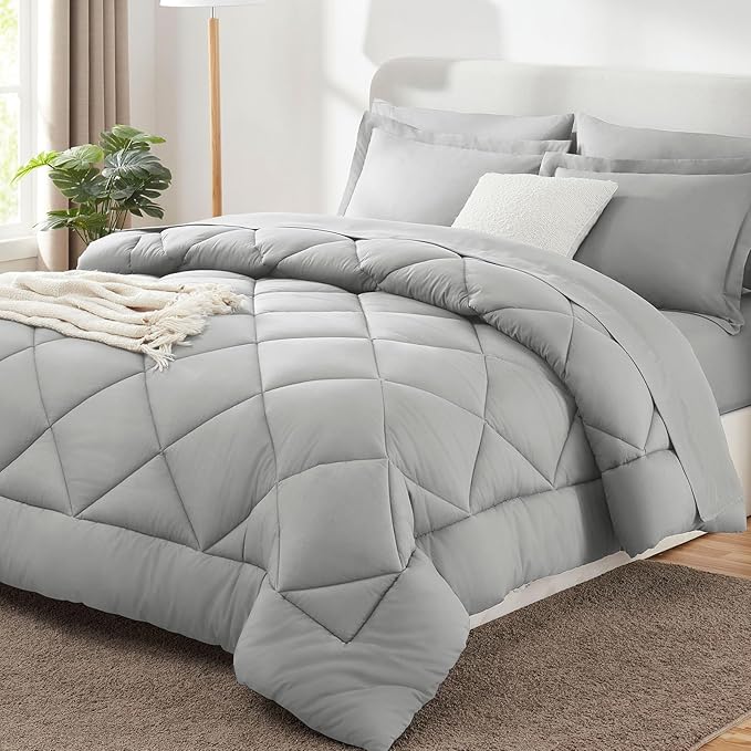 7-Piece Light Grey Queen Comforter Set – Bed in a Bag, Down Alternative, All Season Bedding