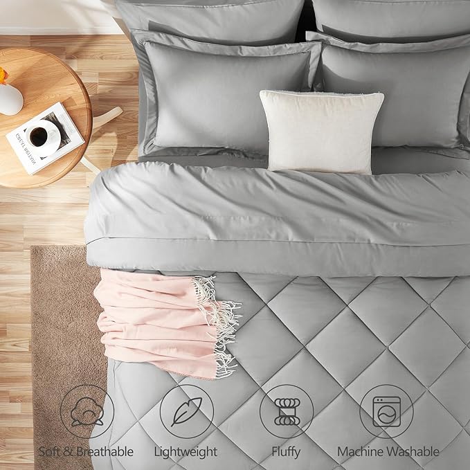 7-Piece Light Grey Queen Comforter Set – Bed in a Bag, Down Alternative, All Season Bedding