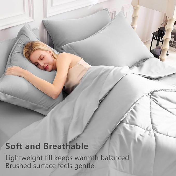 7-Piece Light Grey Queen Comforter Set – Bed in a Bag, Down Alternative, All Season Bedding