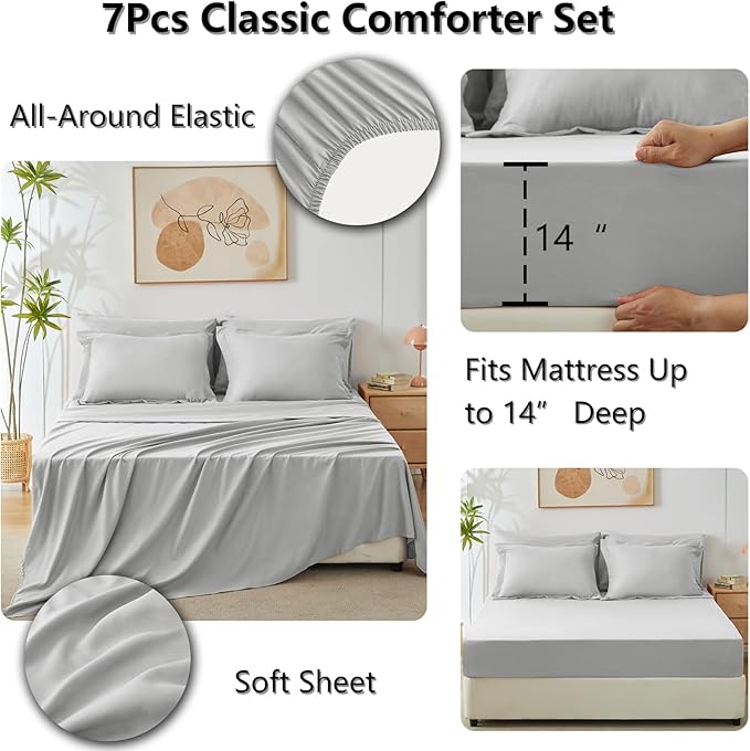 7-Piece Light Grey Queen Comforter Set – Bed in a Bag, Down Alternative, All Season Bedding