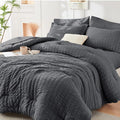 7-Piece Dark Grey Seersucker Queen Comforter Set – Bed in a Bag, All Season Bedding