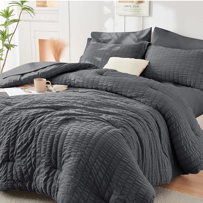 7-Piece Dark Grey Seersucker Queen Comforter Set – Bed in a Bag, All Season Bedding