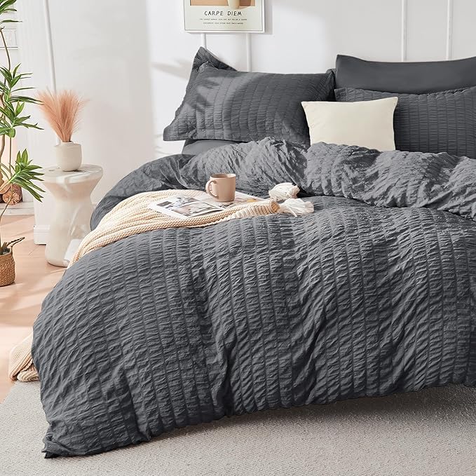 7-Piece Dark Grey Seersucker Queen Comforter Set – Bed in a Bag, All Season Bedding