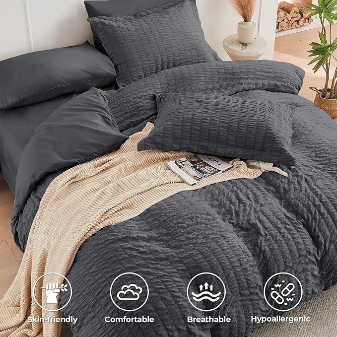 7-Piece Dark Grey Seersucker Queen Comforter Set – Bed in a Bag, All Season Bedding