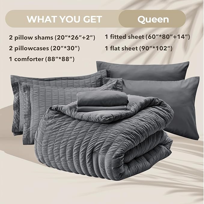 7-Piece Dark Grey Seersucker Queen Comforter Set – Bed in a Bag, All Season Bedding