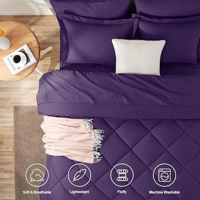 7-Piece Purple Queen Comforter Set – Bed in a Bag, Down Alternative, All Season Bedding