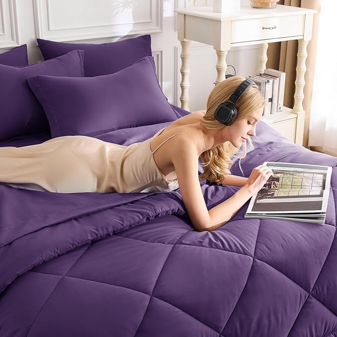 7-Piece Purple Queen Comforter Set – Bed in a Bag, Down Alternative, All Season Bedding