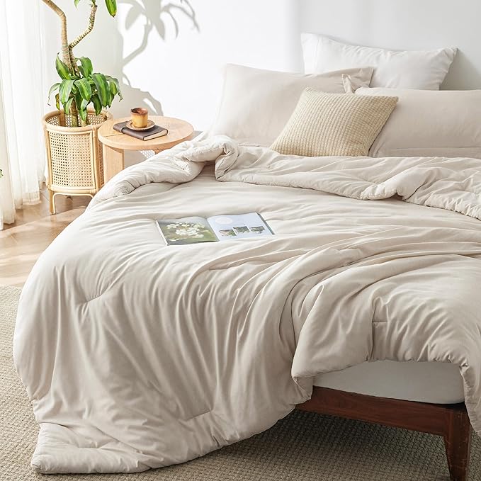 3-Piece Beige Queen Comforter Set – Cationic Dyed, All Season Bedding, 90 x 90 Inches