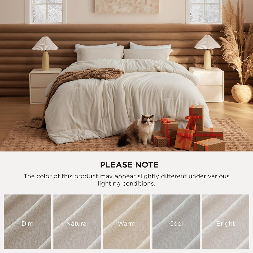 3-Piece Beige Queen Comforter Set – Cationic Dyed, All Season Bedding, 90 x 90 Inches