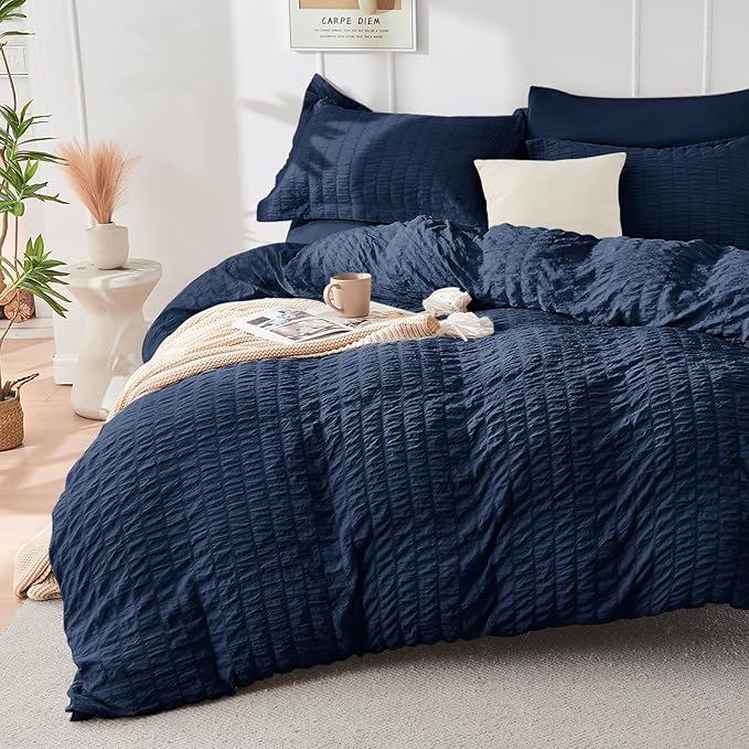 7-Piece Blue Seersucker Queen Comforter Set – Bed in a Bag, All Season Bedding