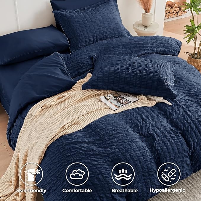7-Piece Blue Seersucker Queen Comforter Set – Bed in a Bag, All Season Bedding