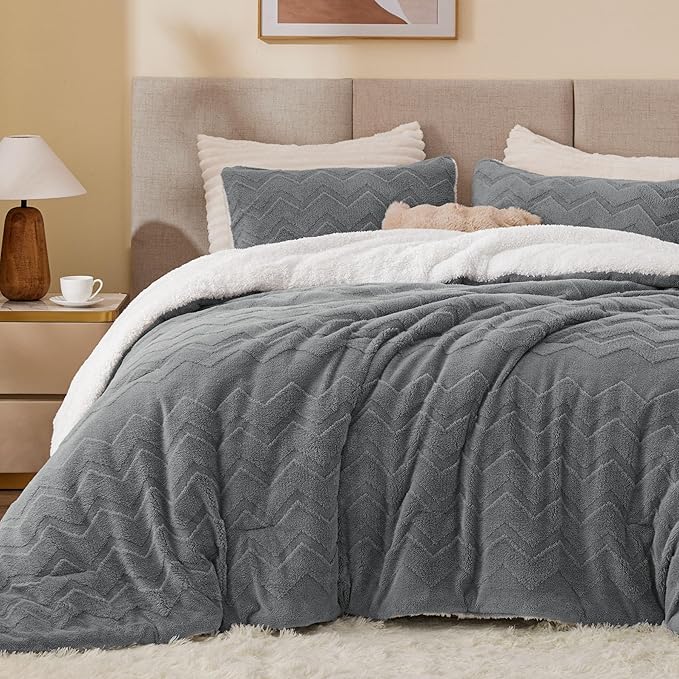 3-Piece Fluffy Queen Comforter Set – Sherpa Grey, Warm & Fuzzy Winter Bedding