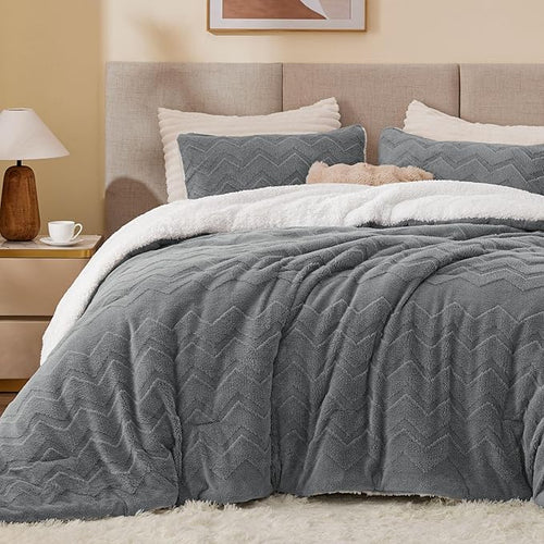3-Piece Fluffy Queen Comforter Set – Sherpa Grey, Warm & Fuzzy Winter Bedding