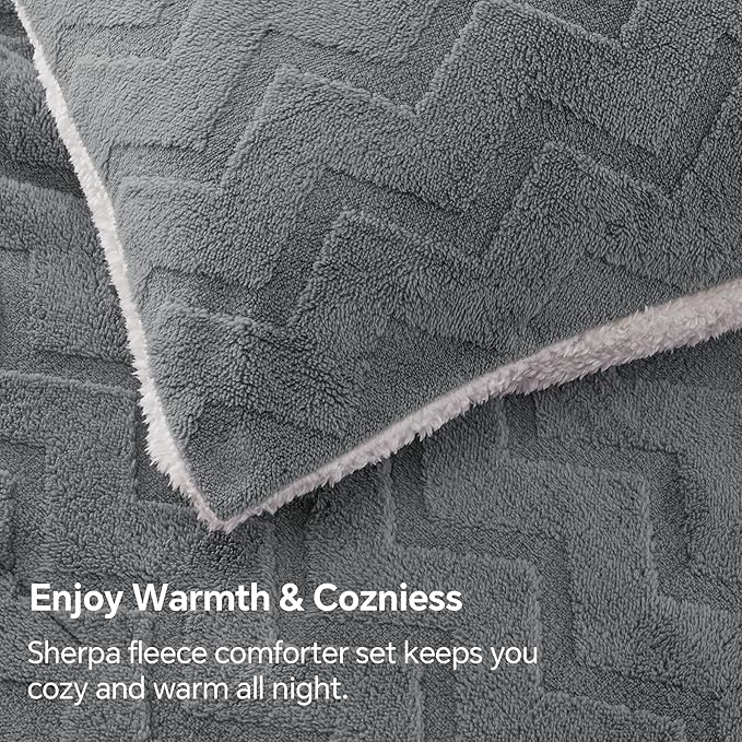 3-Piece Fluffy Queen Comforter Set – Sherpa Grey, Warm & Fuzzy Winter Bedding