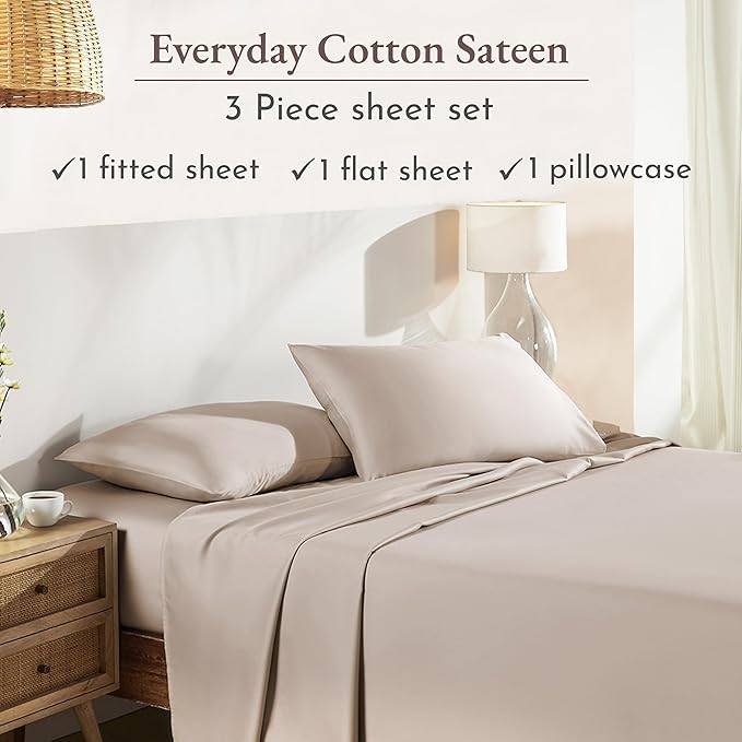 Twin Sheets Set – 100% Cotton Sateen, Warm Taupe Beige, 12" Pockets, Dorm & College Bedding