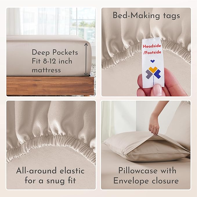Twin Sheets Set – 100% Cotton Sateen, Warm Taupe Beige, 12" Pockets, Dorm & College Bedding