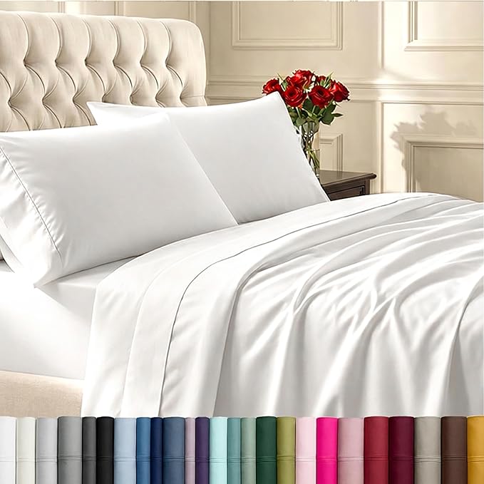 Queen Sheet Set – 100% Cotton, 400 Thread Count Sateen Weave, Deep Pockets, White