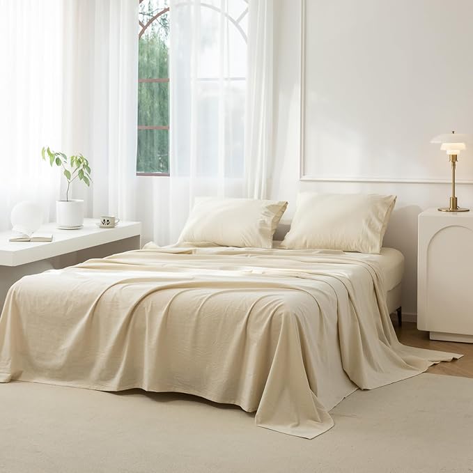 4-Piece King Sheet Set – 100% Washed Cotton, Linen-Like, Deep Pocket, Heathered Beige