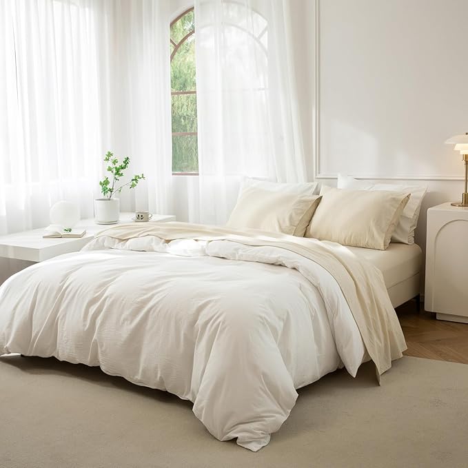 4-Piece King Sheet Set – 100% Washed Cotton, Linen-Like, Deep Pocket, Heathered Beige