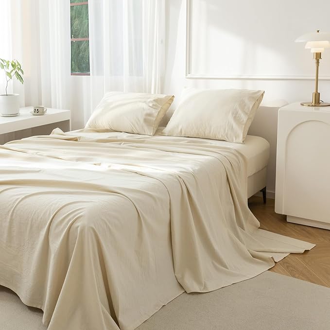 4-Piece King Sheet Set – 100% Washed Cotton, Linen-Like, Deep Pocket, Heathered Beige