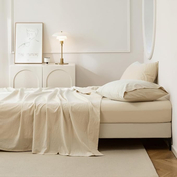 4-Piece King Sheet Set – 100% Washed Cotton, Linen-Like, Deep Pocket, Heathered Beige