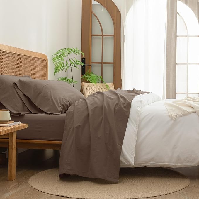 4-Piece King Sheet Set – 100% Washed Cotton, Linen Feel, Pine Bark Brown