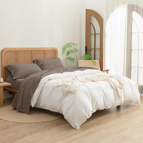4-Piece King Sheet Set – 100% Washed Cotton, Linen Feel, Pine Bark Brown