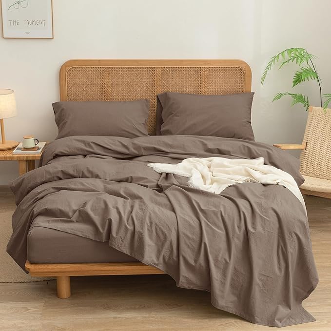 4-Piece King Sheet Set – 100% Washed Cotton, Linen Feel, Pine Bark Brown