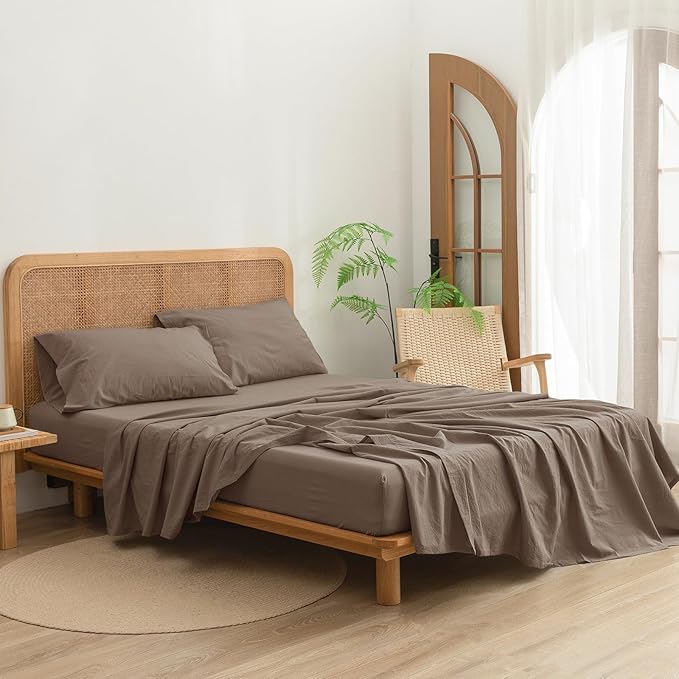 4-Piece King Sheet Set – 100% Washed Cotton, Linen Feel, Pine Bark Brown