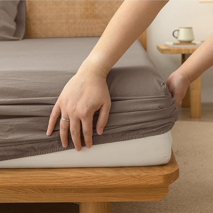 4-Piece King Sheet Set – 100% Washed Cotton, Linen Feel, Pine Bark Brown