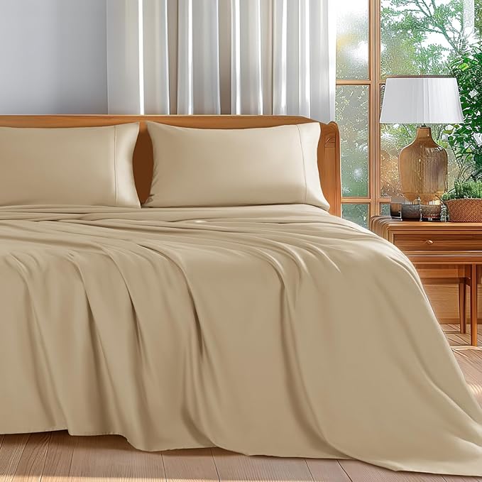 4-Piece California King Sheet Set – 100% Egyptian Cotton, 600 Thread Count, 16" Deep Pocket, Beige