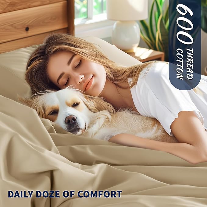4-Piece California King Sheet Set – 100% Egyptian Cotton, 600 Thread Count, 16" Deep Pocket, Beige