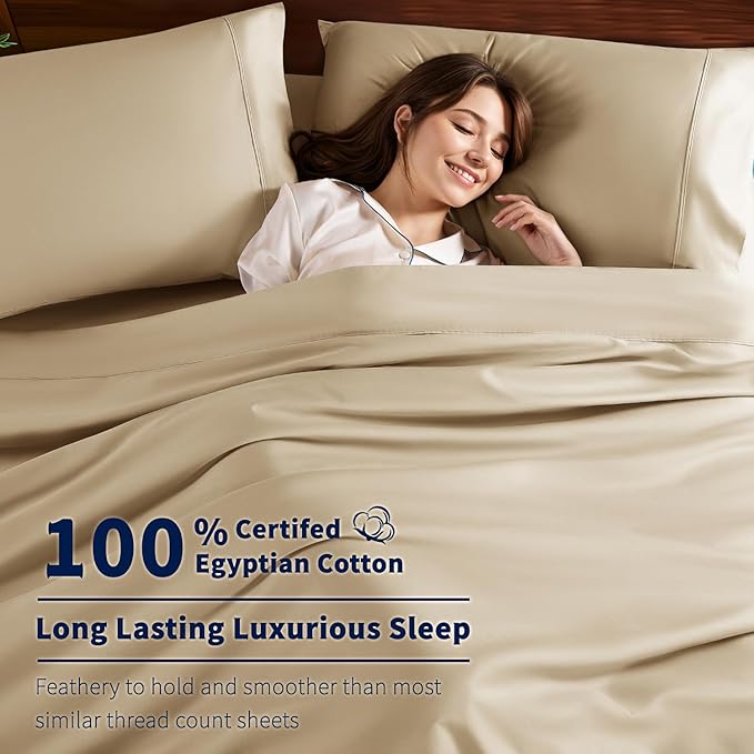 4-Piece California King Sheet Set – 100% Egyptian Cotton, 600 Thread Count, 16" Deep Pocket, Beige