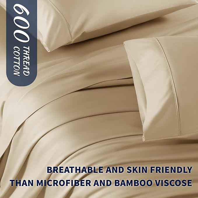 4-Piece California King Sheet Set – 100% Egyptian Cotton, 600 Thread Count, 16" Deep Pocket, Beige