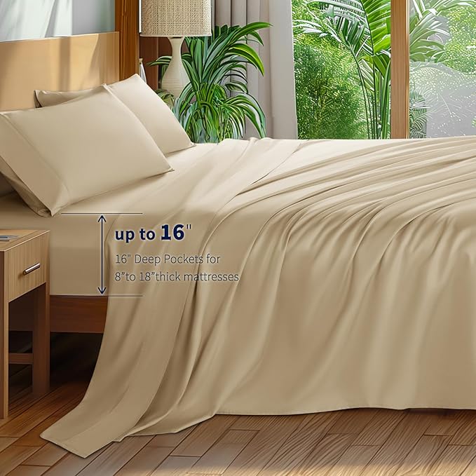 4-Piece California King Sheet Set – 100% Egyptian Cotton, 600 Thread Count, 16" Deep Pocket, Beige
