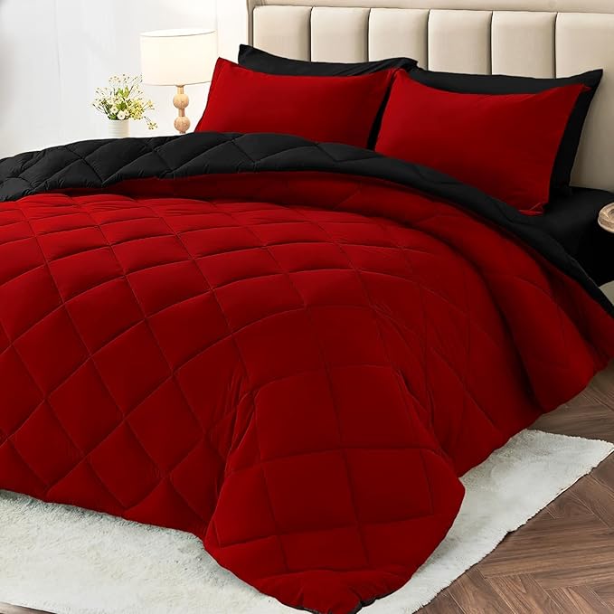 7-Piece Queen Comforter Set – Reversible Red & Black, All Season Bed in a Bag