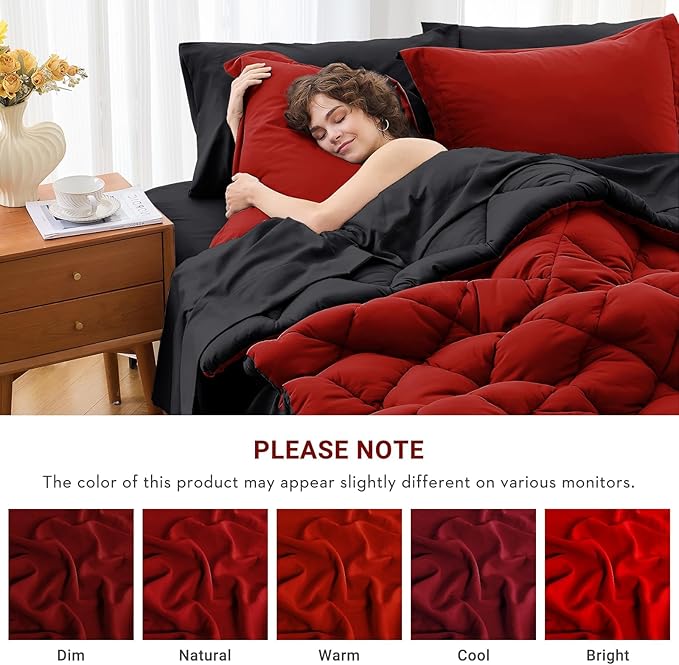 7-Piece Queen Comforter Set – Reversible Red & Black, All Season Bed in a Bag