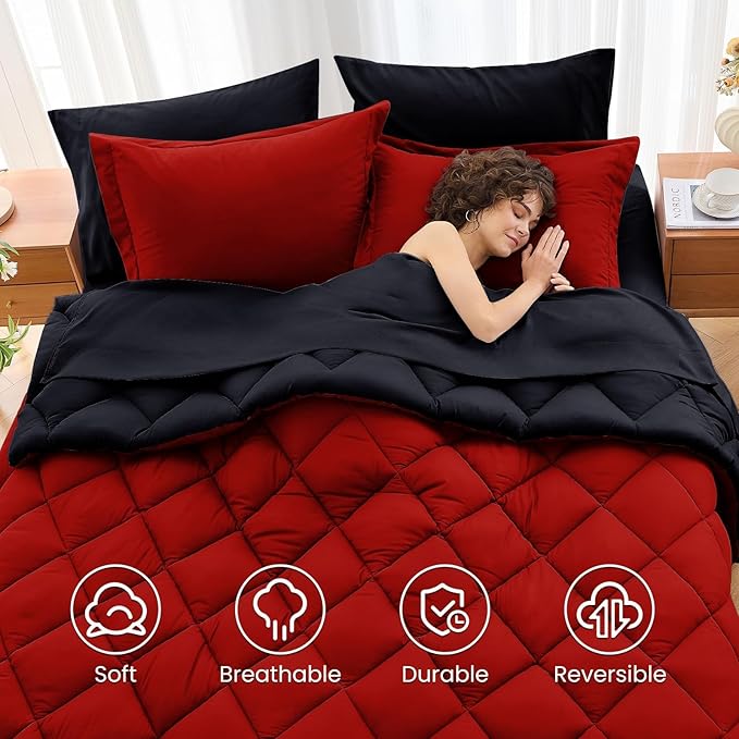 7-Piece Queen Comforter Set – Reversible Red & Black, All Season Bed in a Bag